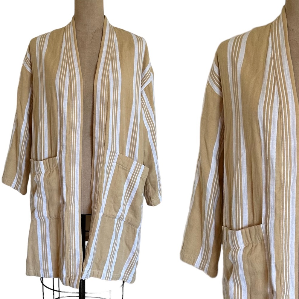Eileen Fisher Petite Reed Striped Open Front Cotton Lagenlook Kimono Jacket